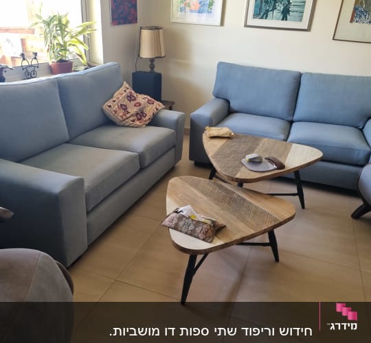 כריות על ספות כחולות בחדר מגורים